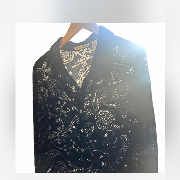 Black Burn Out Floral Velvet Button-up Blouse Silk-blend Long-sleeved XL - Picture 1 of 7